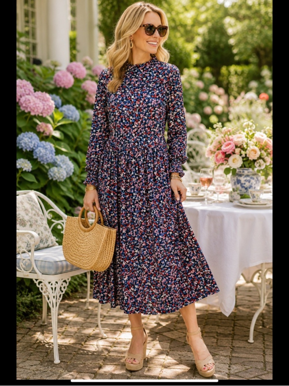 Draper James Floral Midi Dress 1X Blue Pink Mock Neck Ruffle Smocked Cuffs